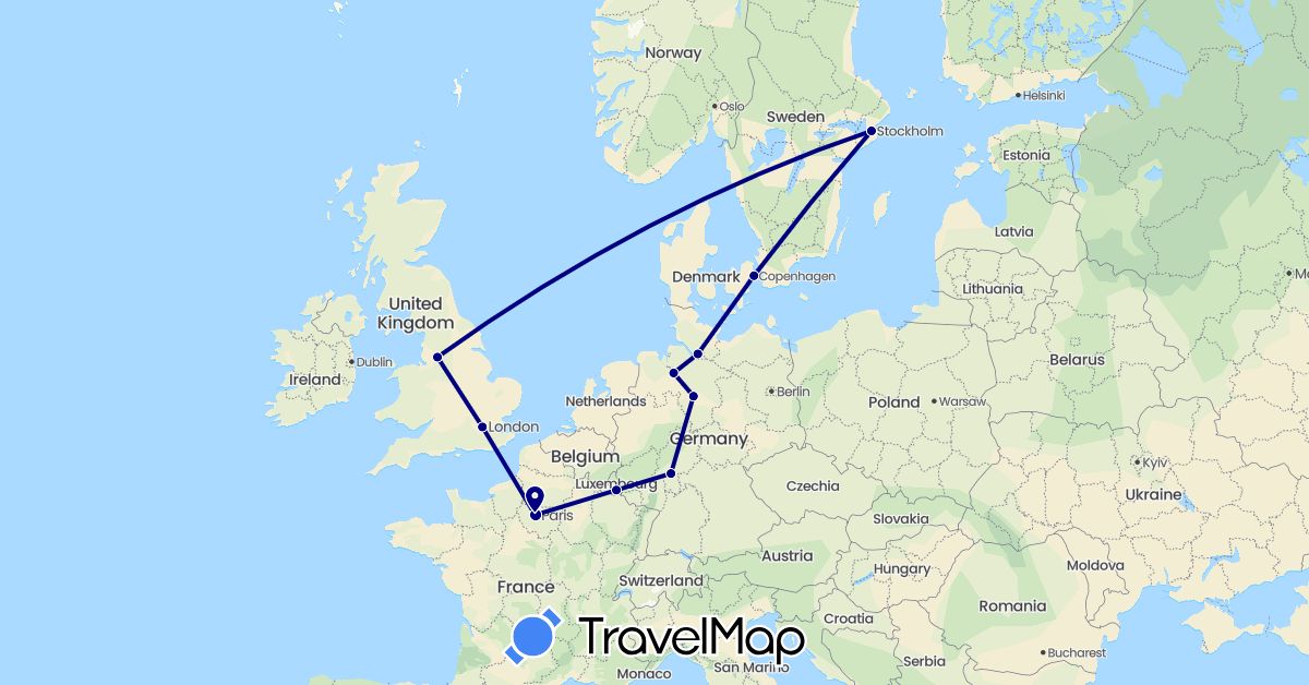 TravelMap itinerary: driving in Germany, Denmark, France, United Kingdom, Luxembourg, Sweden (Europe)